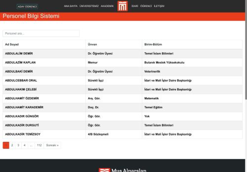 Personel Bilgi Sistemi | Muş Alparslan Üniversitesi