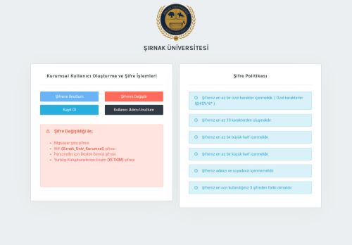 Şırnak Üniversitesi | Kullanıcı Şifre İşlemleri